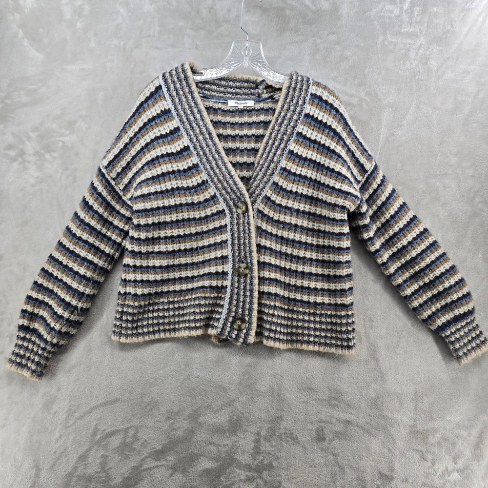Madewell Waller Crop Cardigan Sweater Womens XS Blue Brown Striped V-Neck Wool